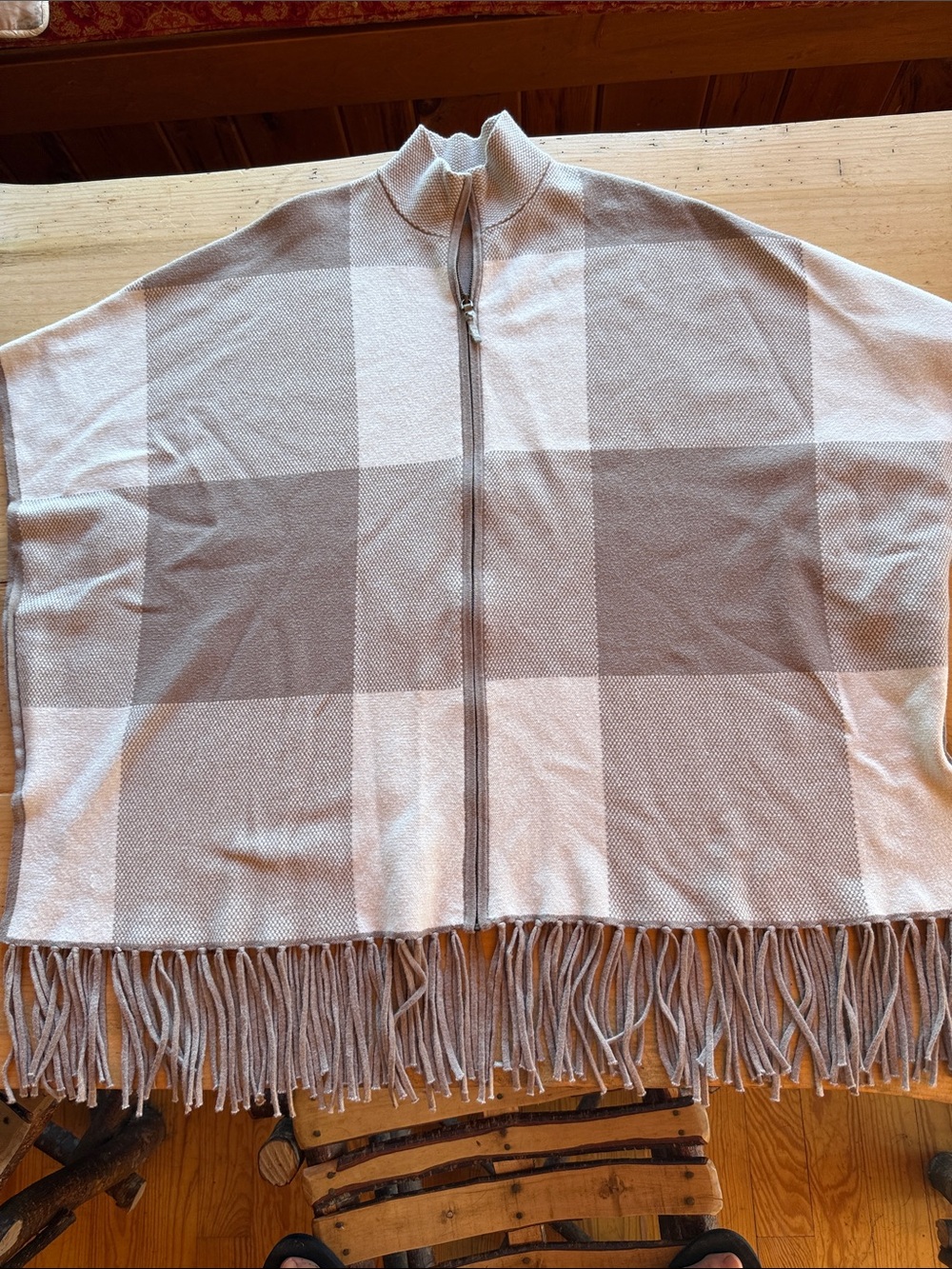 Christian Siriano New York Neutral Buffalo Plaid Check Fringe Poncho Cape Zip M